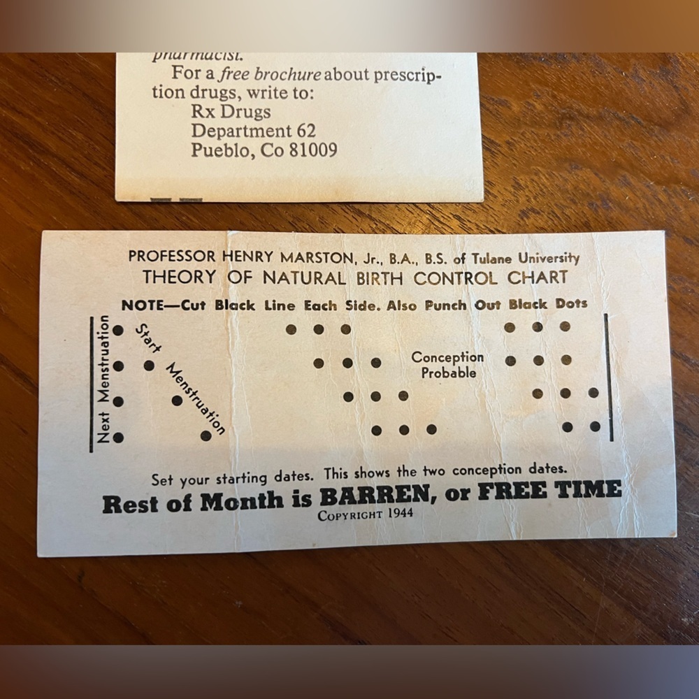 Vintage 1944 Birth Control Chart Mid-Century FDA Pamphlet Medical Ephemera